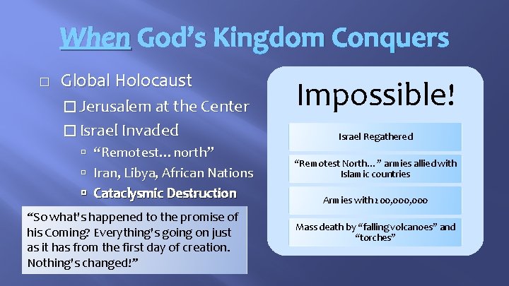 When God’s Kingdom Conquers � Global Holocaust � Jerusalem at the Center � Israel