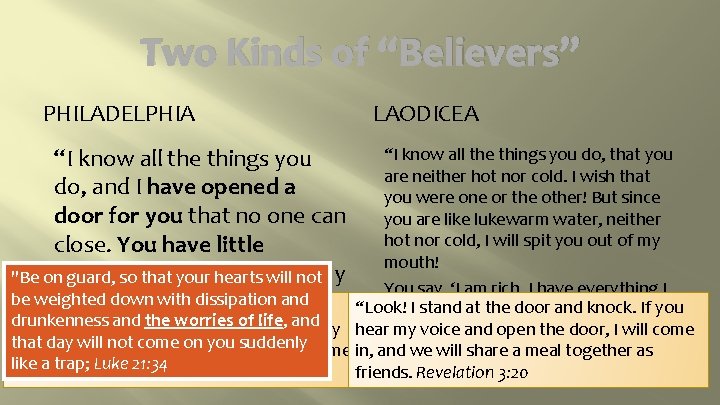 Two Kinds of “Believers” PHILADELPHIA “I know all the things you do, and I