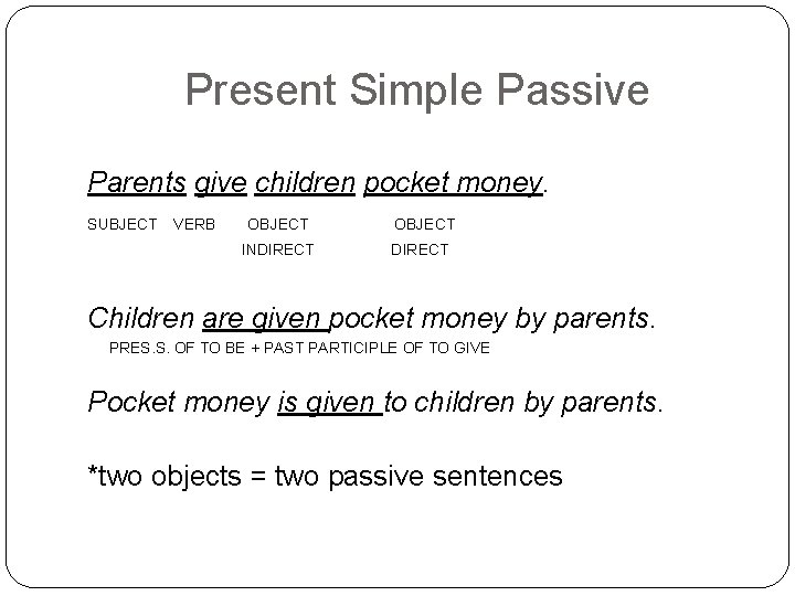 Present Simple Passive Parents give children pocket money. SUBJECT VERB OBJECT INDIRECT Children are