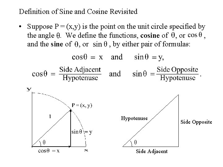 Definition of Sine and Cosine Revisited • Suppose P = (x, y) is the