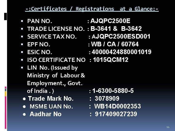 -: Certificates / Registrations at a Glance: - PAN NO. : AJQPC 2500 E