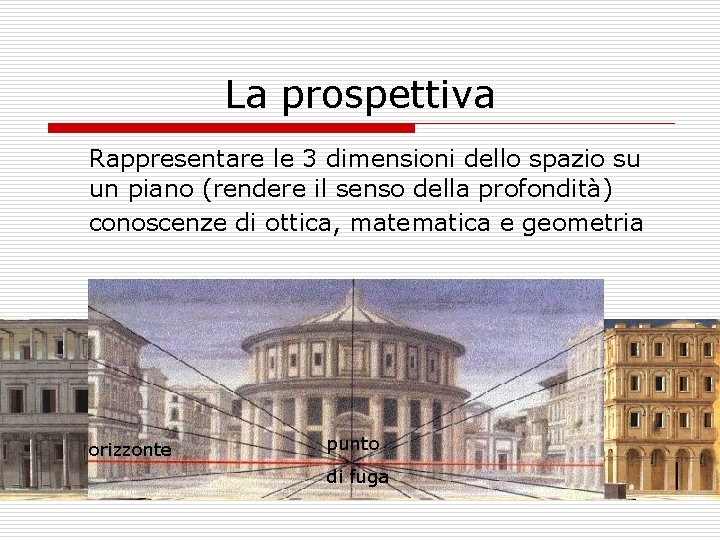 La prospettiva Rappresentare le 3 dimensioni dello spazio su un piano (rendere il senso