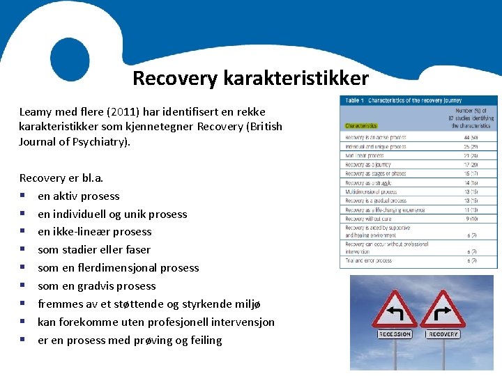 Recovery karakteristikker Leamy med flere (2011) har identifisert en rekke karakteristikker som kjennetegner Recovery