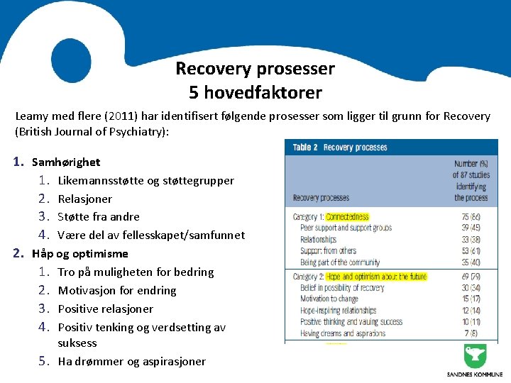 Recovery prosesser 5 hovedfaktorer Leamy med flere (2011) har identifisert følgende prosesser som ligger