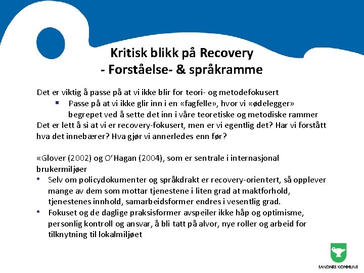 Kritisk blikk på Recovery - Forståelse- & språkramme Det er viktig å passe på