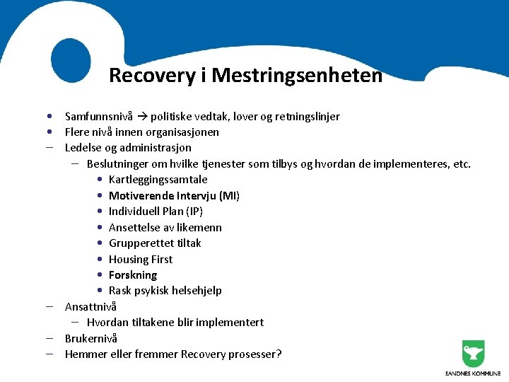 Recovery i Mestringsenheten • Samfunnsnivå politiske vedtak, lover og retningslinjer • Flere nivå innen