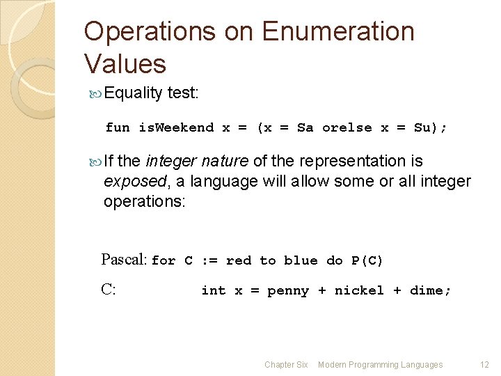 Operations on Enumeration Values Equality test: fun is. Weekend x = (x = Sa