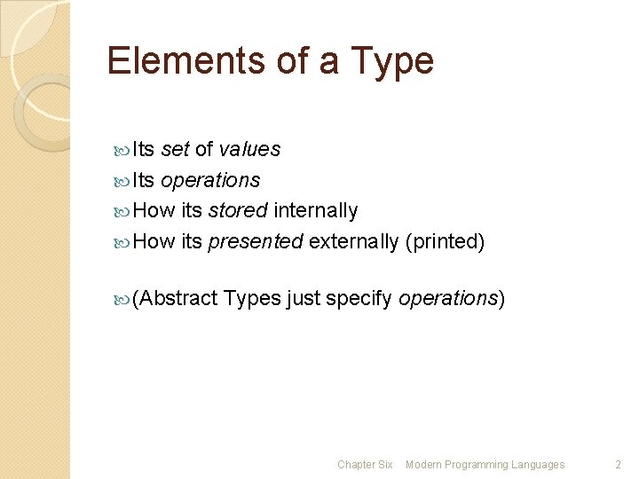 Elements of a Type Its set of values Its operations How its stored internally