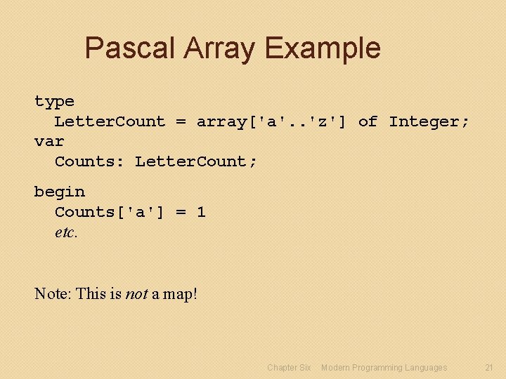 Pascal Array Example type Letter. Count = array['a'. . 'z'] of Integer; var Counts: