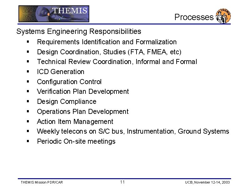 Processes Systems Engineering Responsibilities § § § Requirements Identification and Formalization Design Coordination, Studies