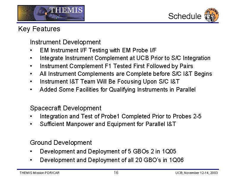 Schedule Key Features Instrument Development • • • EM Instrument I/F Testing with EM