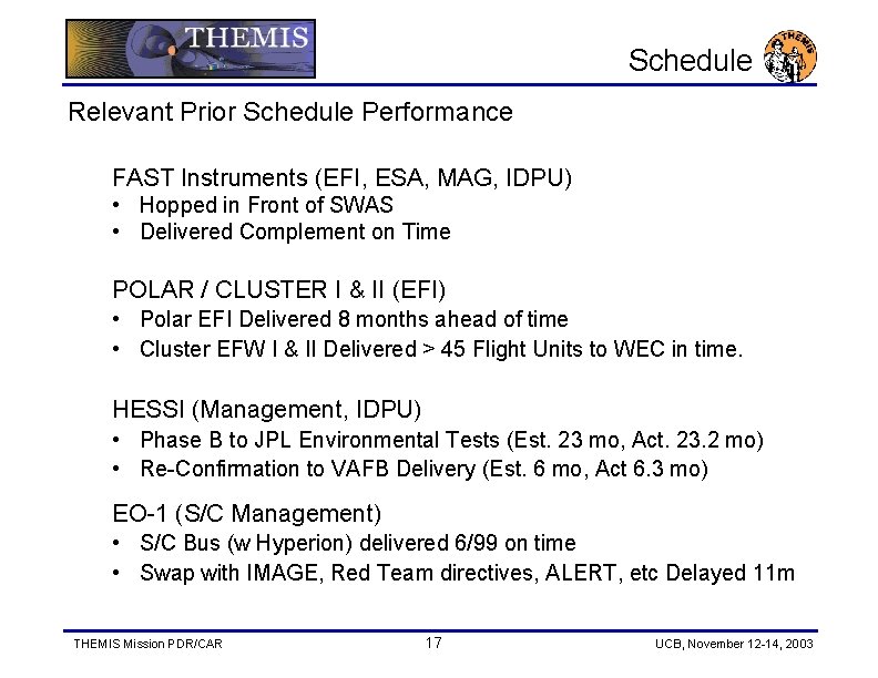 Schedule Relevant Prior Schedule Performance FAST Instruments (EFI, ESA, MAG, IDPU) • Hopped in