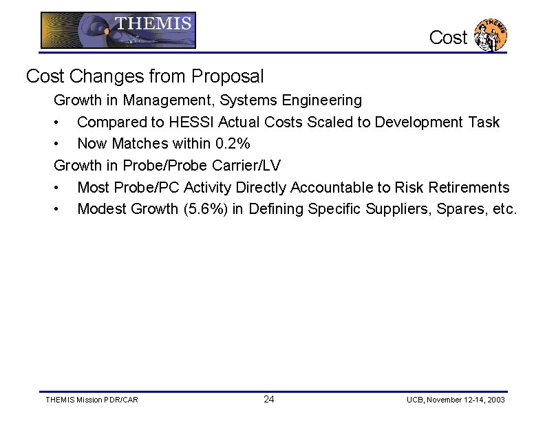 Cost Changes from Proposal Growth in Management, Systems Engineering • Compared to HESSI Actual