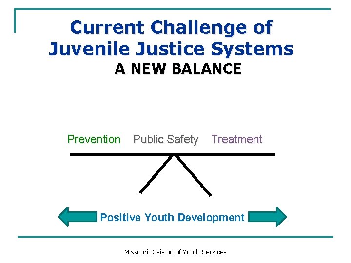 Current Challenge of Juvenile Justice Systems A NEW BALANCE Prevention Public Safety Treatment Positive