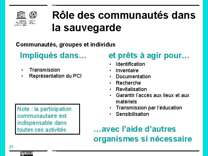 Rôle des communautés dans la sauvegarde Communautés, groupes et individus Impliqués dans… • •