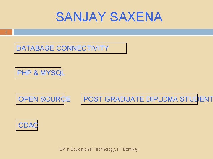 SANJAY SAXENA 2 DATABASE CONNECTIVITY PHP & MYSQL OPEN SOURCE POST GRADUATE DIPLOMA STUDENT