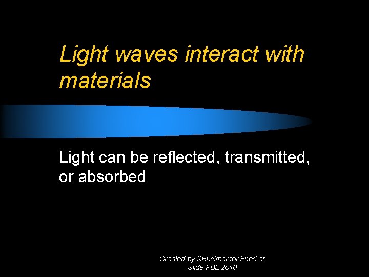 Light waves interact with materials Light can be reflected, transmitted, or absorbed Created by