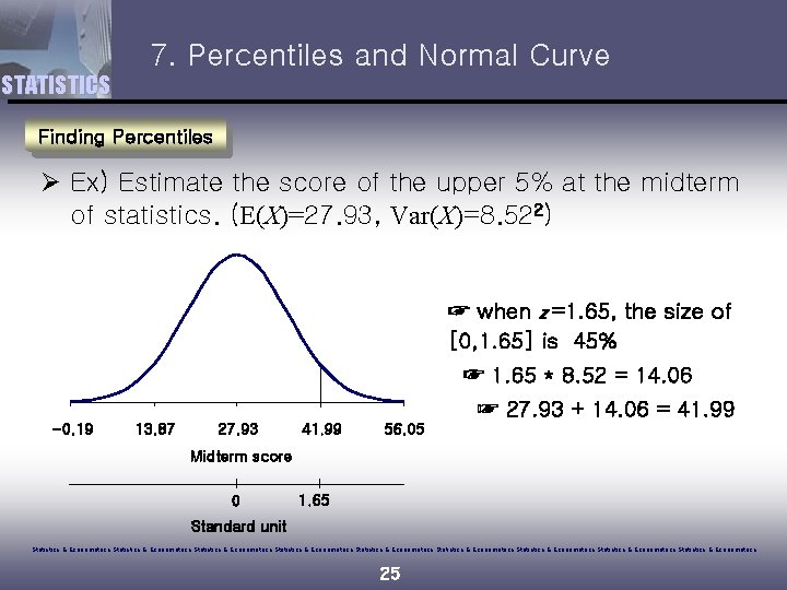 7. Percentiles and Normal Curve STATISTICS Finding Percentiles Ø Ex) Estimate the score of