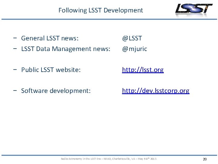 Following LSST Development − General LSST news: − LSST Data Management news: @LSST @mjuric