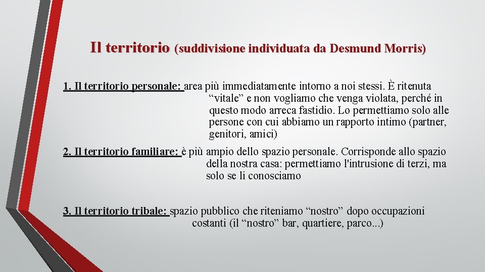 Il territorio (suddivisione individuata da Desmund Morris) 1. Il territorio personale: area più immediatamente