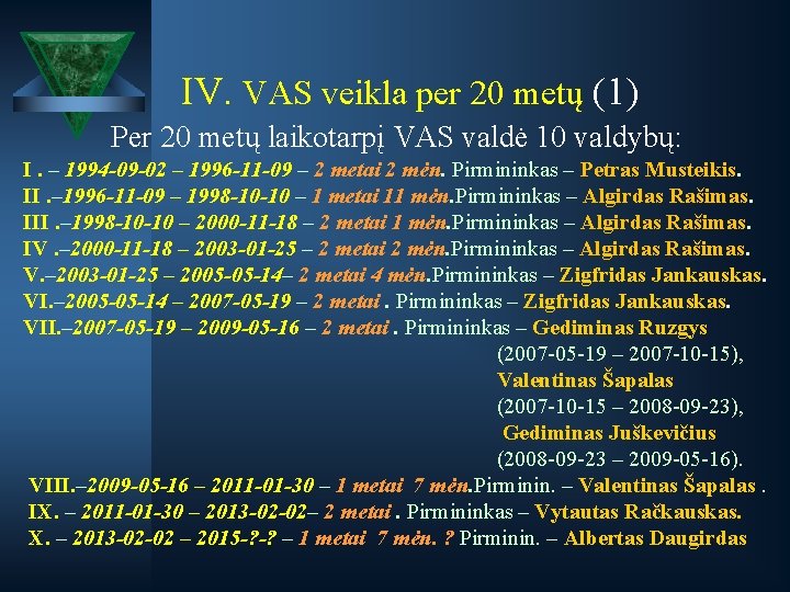 IV. VAS veikla per 20 metų (1) Per 20 metų laikotarpį VAS valdė 10