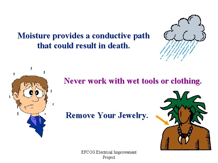 Moisture provides a conductive path that could result in death. Never work with wet