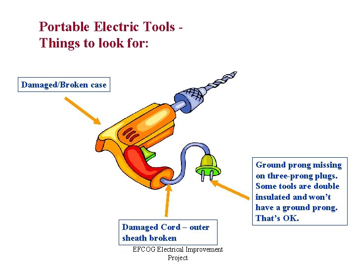 Portable Electric Tools - Things to look for: Damaged/Broken case Damaged Cord – outer