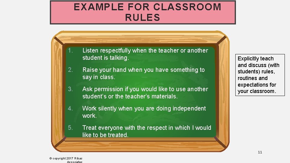 EXAMPLE FOR CLASSROOM RULES 1. Listen respectfully when the teacher or another student is