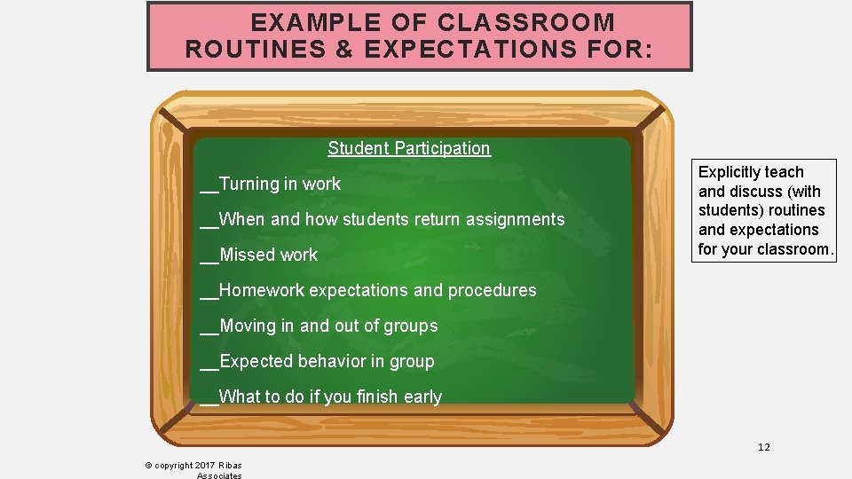 EXAMPLE OF CLASSROOM ROUTINES & EXPECTATIONS FOR: Student Participation __Turning in work __When and