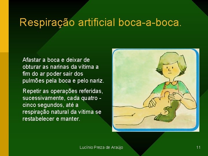 Respiração artificial boca-a-boca. Afastar a boca e deixar de obturar as narinas da vítima