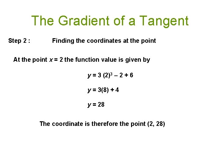 The Gradient of a Tangent Step 2 : Finding the coordinates at the point The Gradient of a Tangent Step 2 : Finding the coordinates at the point