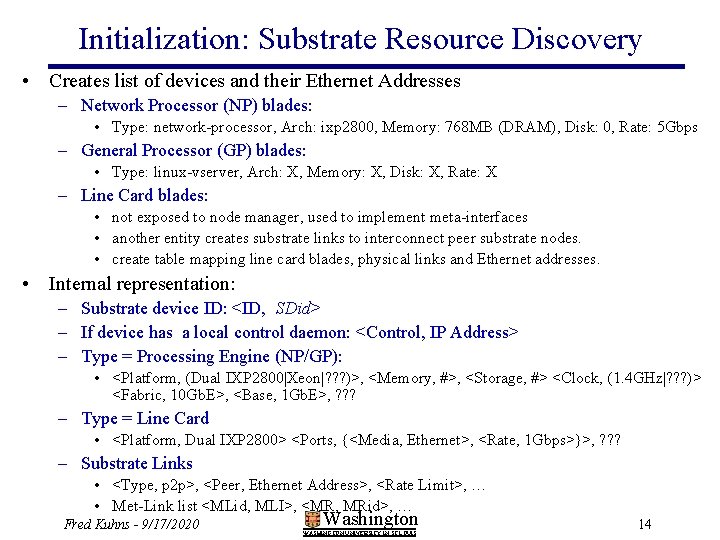 Initialization: Substrate Resource Discovery • Creates list of devices and their Ethernet Addresses –