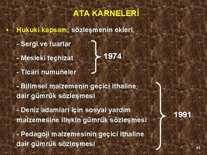 ATA KARNELERİ • Hukuki kapsam; sözleşmenin ekleri, - Sergi ve fuarlar - Mesleki teçhizat