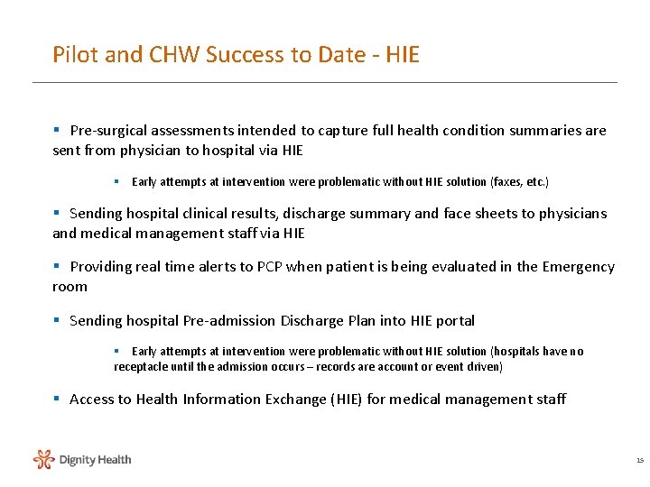 Pilot and CHW Success to Date - HIE § Pre-surgical assessments intended to capture Pilot and CHW Success to Date - HIE § Pre-surgical assessments intended to capture