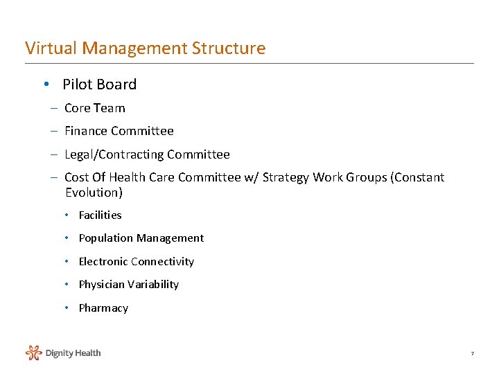 Virtual Management Structure • Pilot Board – Core Team – Finance Committee – Legal/Contracting Virtual Management Structure • Pilot Board – Core Team – Finance Committee – Legal/Contracting
