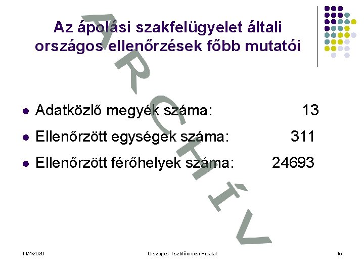 Az ápolási szakfelügyelet általi országos ellenőrzések főbb mutatói l Adatközlő megyék száma: l Ellenőrzött