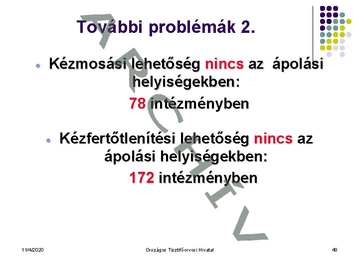 További problémák 2. · Kézmosási lehetőség nincs az ápolási helyiségekben: 78 intézményben · 11/4/2020