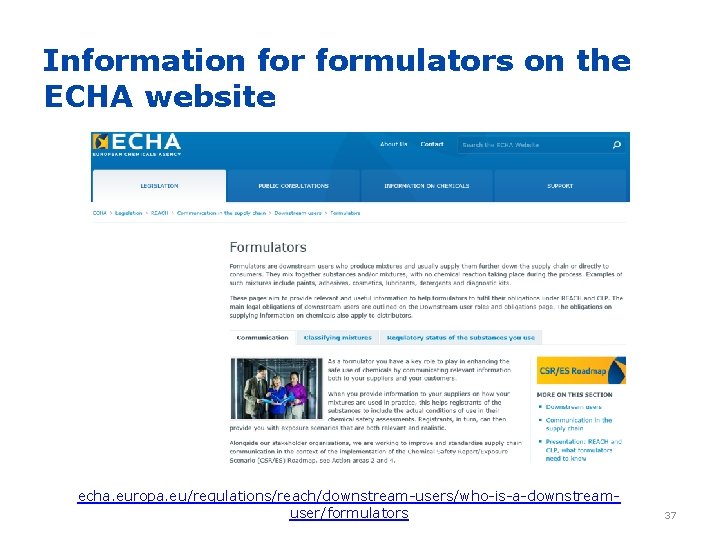 Information formulators on the ECHA website echa. europa. eu/regulations/reach/downstream-users/who-is-a-downstreamuser/formulators 37 