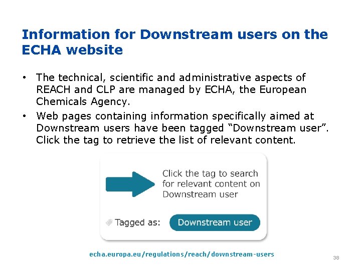 Information for Downstream users on the ECHA website • The technical, scientific and administrative