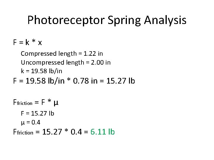 Photoreceptor Spring Analysis F = k * x Compressed length = 1. 22 in