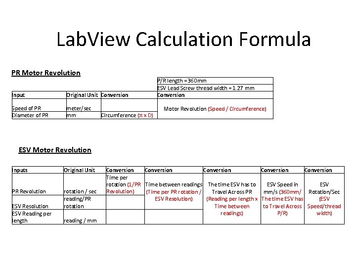 Lab. View Calculation Formula PR Motor Revolution Input Original Unit Conversion Speed of PR