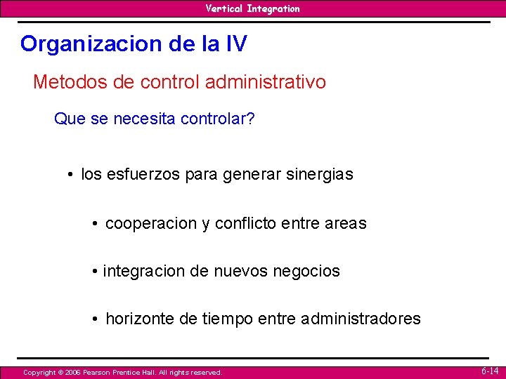 Vertical Integration Organizacion de la IV Metodos de control administrativo Que se necesita controlar? Vertical Integration Organizacion de la IV Metodos de control administrativo Que se necesita controlar?