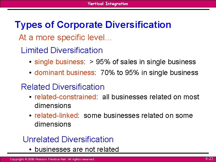 Vertical Integration Types of Corporate Diversification At a more specific level… Limited Diversification • Vertical Integration Types of Corporate Diversification At a more specific level… Limited Diversification •
