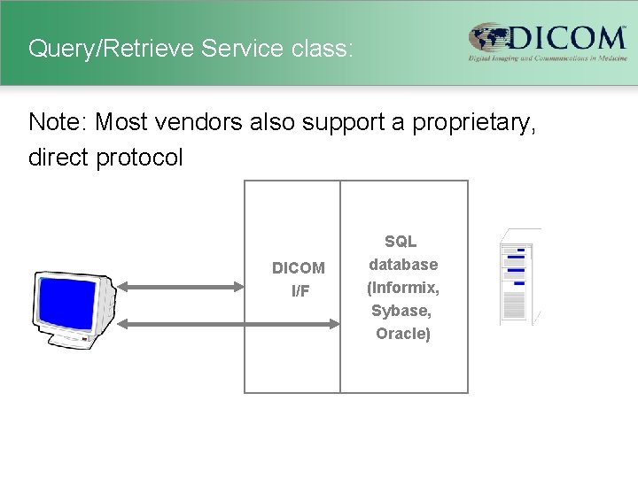 Query/Retrieve Service class: Note: Most vendors also support a proprietary, direct protocol DICOM I/F