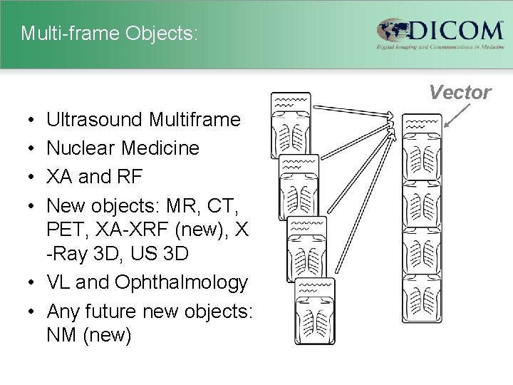 Multi-frame Objects: Vector • • Ultrasound Multiframe Nuclear Medicine XA and RF New objects: