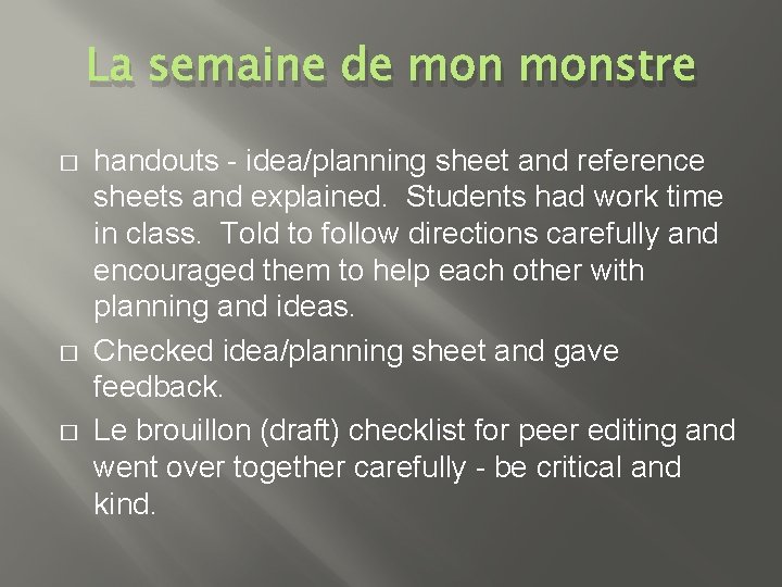 La semaine de monstre � � � handouts - idea/planning sheet and reference sheets