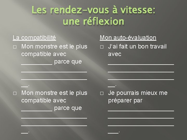 Les rendez-vous à vitesse: une réflexion La compatibilité � Mon monstre est le plus