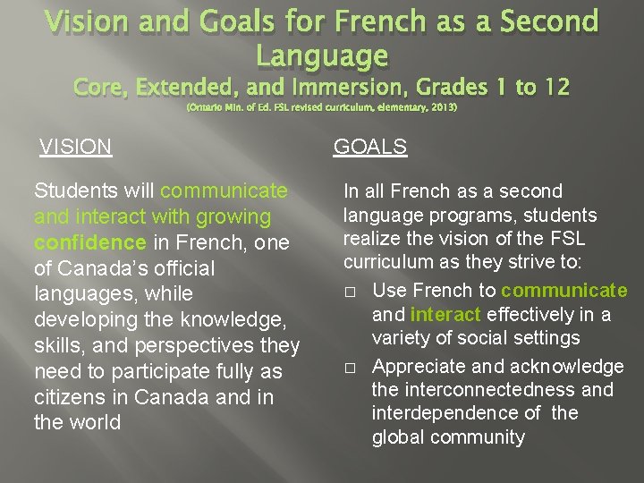 Vision and Goals for French as a Second Language Core, Extended, and Immersion, Grades