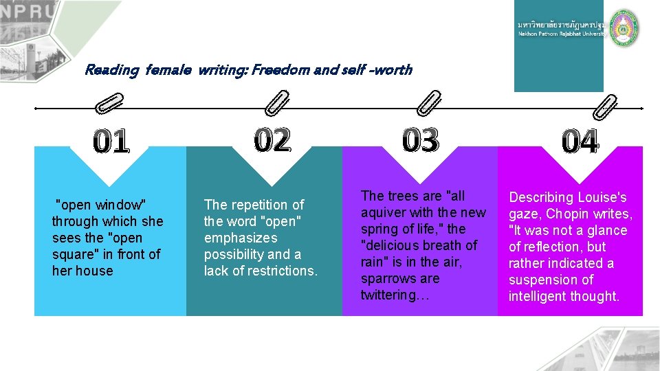 Reading female writing: Freedom and self -worth 01 "open window" through which she sees