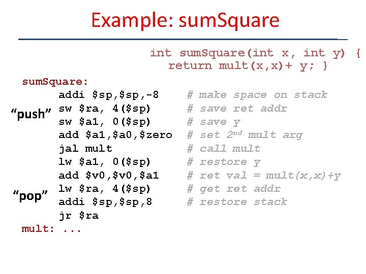 Example: sum. Square int sum. Square(int x, int y) { return mult(x, x)+ y;